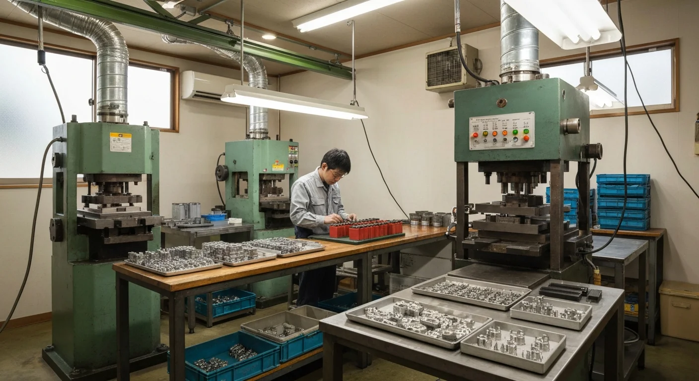 金属加工の工場内でプレス機と作業台が並ぶ様子